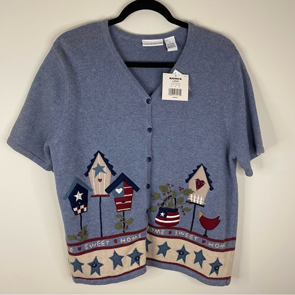 Croft & Barrow Birdhouses Home Sweet Home Large Patriotic Short Sleeve Cardigan